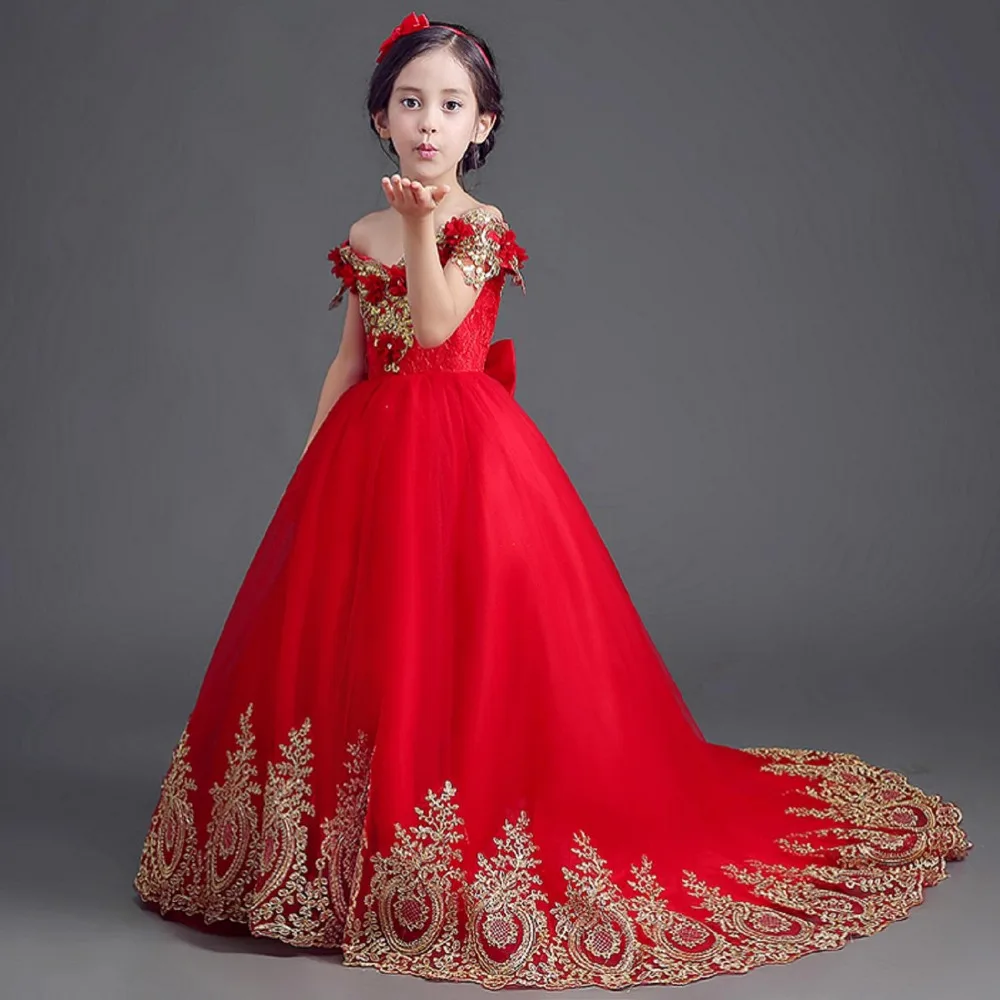 Exquisite Ball Gown Red Long Trailing Flower Girl Dresses for Weddings kids Elegant Gold Wire Birthday Pageant Dress Custom Made | Детская