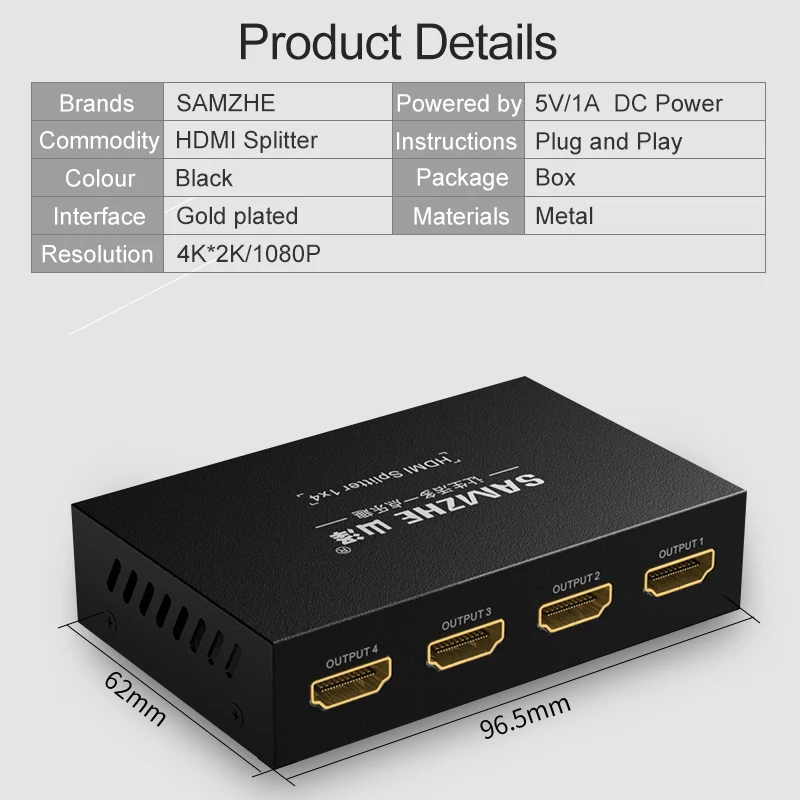 SAMZHE 4K * 2K HDMI сплиттер коммутатор 1 вход 4 выхода/2 выхода 30 Гц 1080P для ноутбука