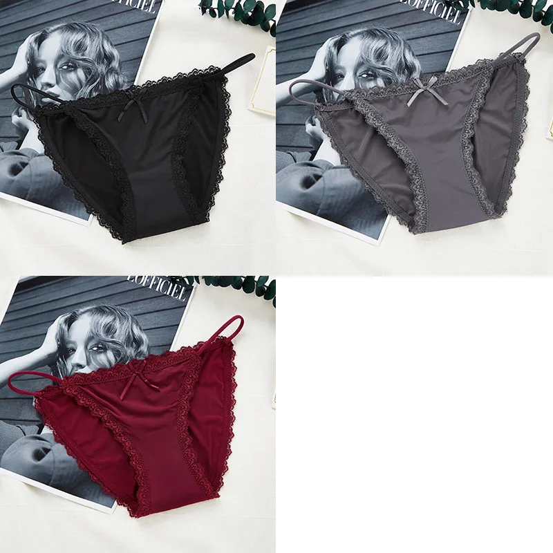 Black Red Gray 3 шт., сексуальные женские трусики, кружевные, низкая посадка, одноцветные сексуальные трусы, бесшовные, Интимные стринги, трусики, хлопок, промежность, женское нижнее белье - Цвет: Black Red Gray