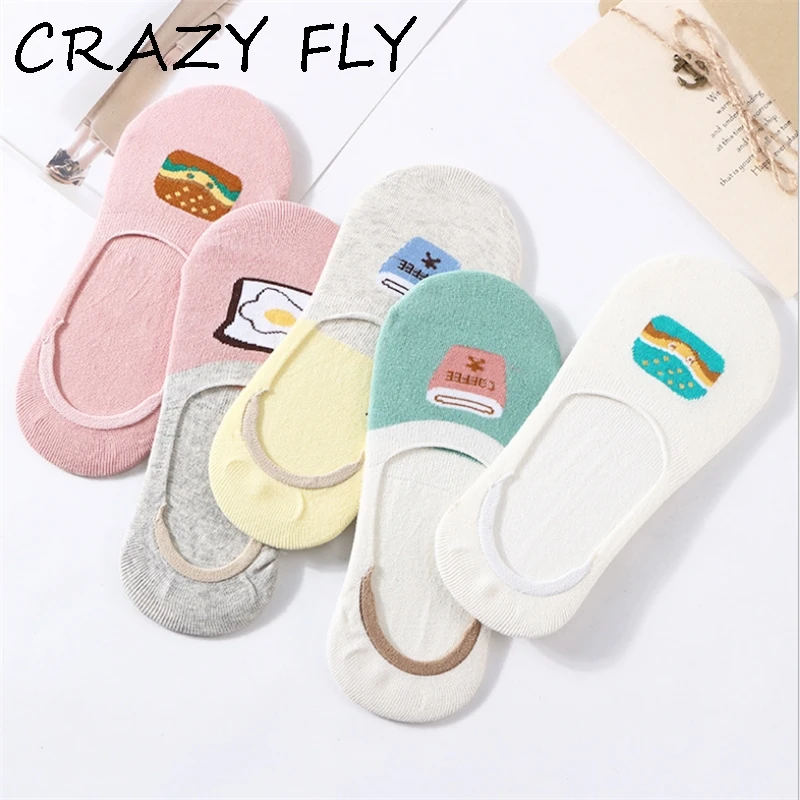 Магазин CRAZY FLY новые хлопковые низкие женские Носки с рисунком яйца гамбургера