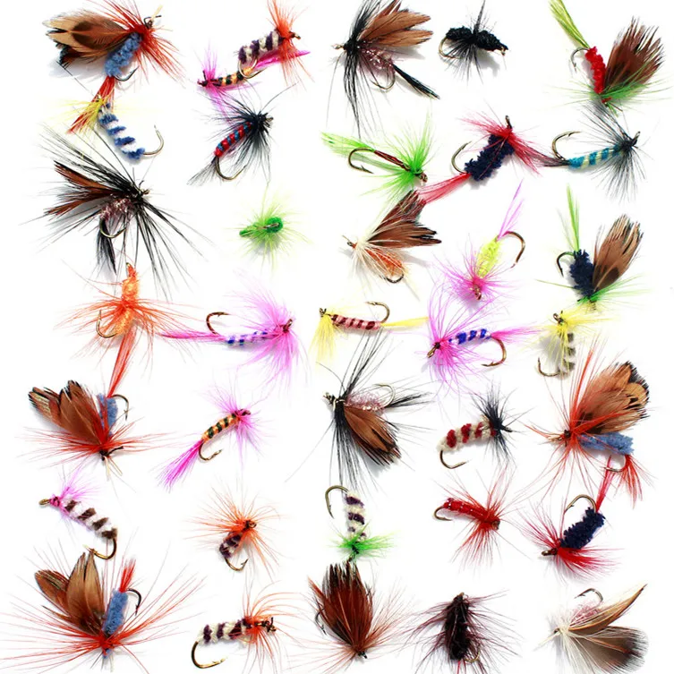 KKWEZVA 30pcs Insect Fly Fishing Lure Artificial Fishing Bait Feather Single Treble Hooks Carp Fish Lure Water surface
