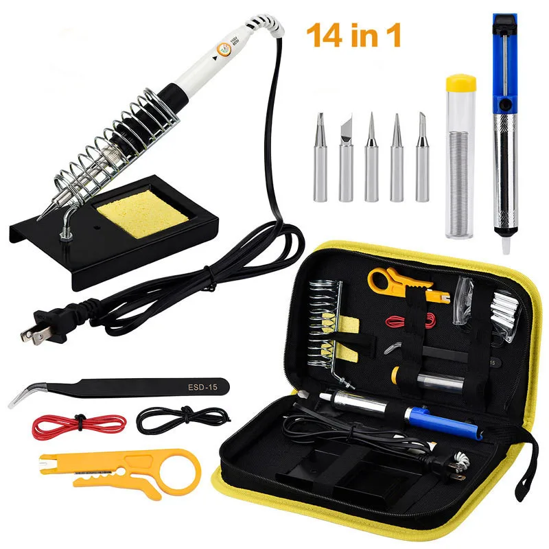 

110V 220V 60W Adjustable Temperature Electric Soldering Iron Kit+5pcs Tips Portable Welding Repair Tool Tweezers 14pcs/lot