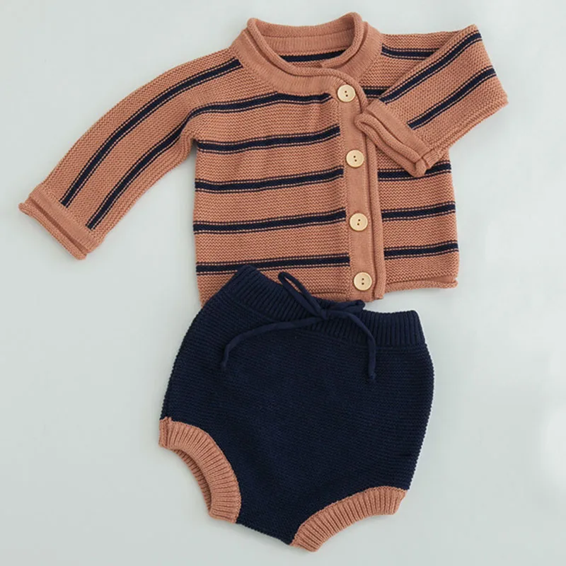 2019 Spring Autumn Girls Boys Horizontal Stripes Cardigan Coat + Shorts Kids Clothes Outfits Suits Children Clothing Sets | Детская