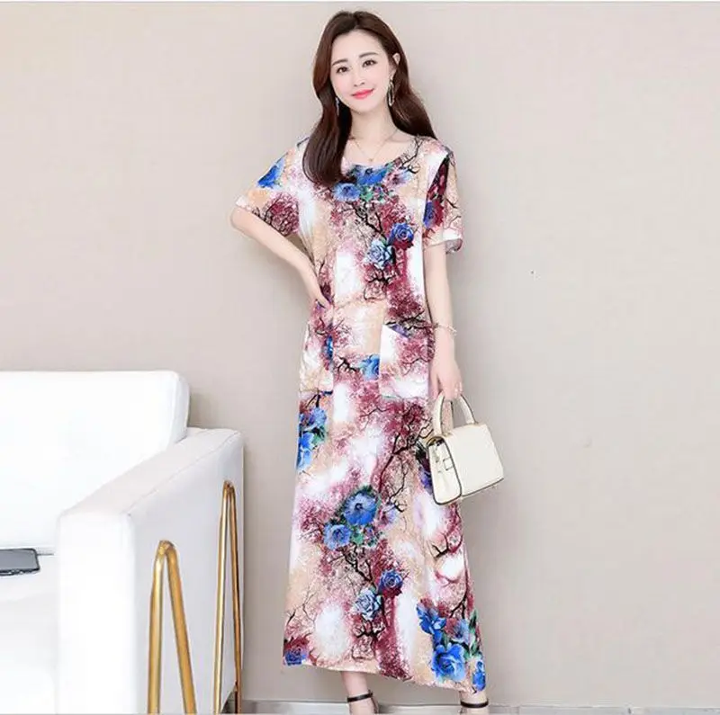 

Plus size 6XL Summer Clothes Women Dress New O-Neck Short sleeve Cotton Summer Loose Dress Middle-aged Female Long Print Dresses