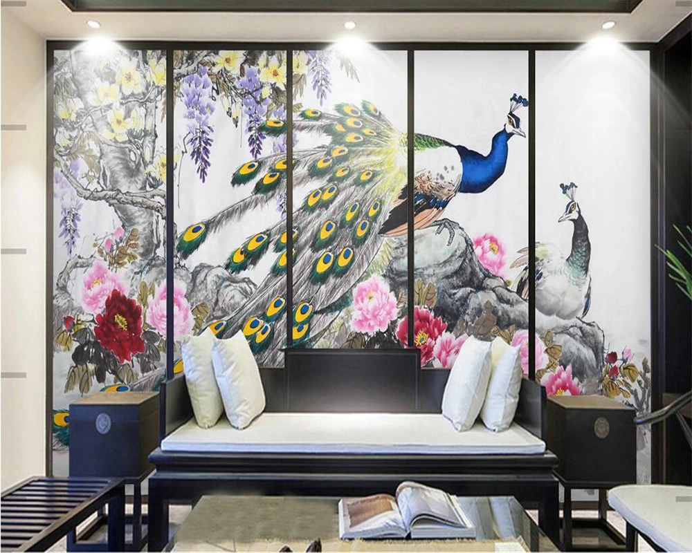 Пользовательские обои в европейском стиле ручная роспись Павлин Ретро диван фон