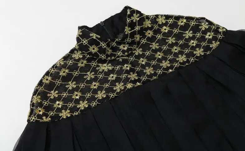 

Sexy Vintage Mesh Gold Thread Embroidery Perspective Turtleneck Ruffles Pleated Chiffon Slim Shirt Blouse Tops
