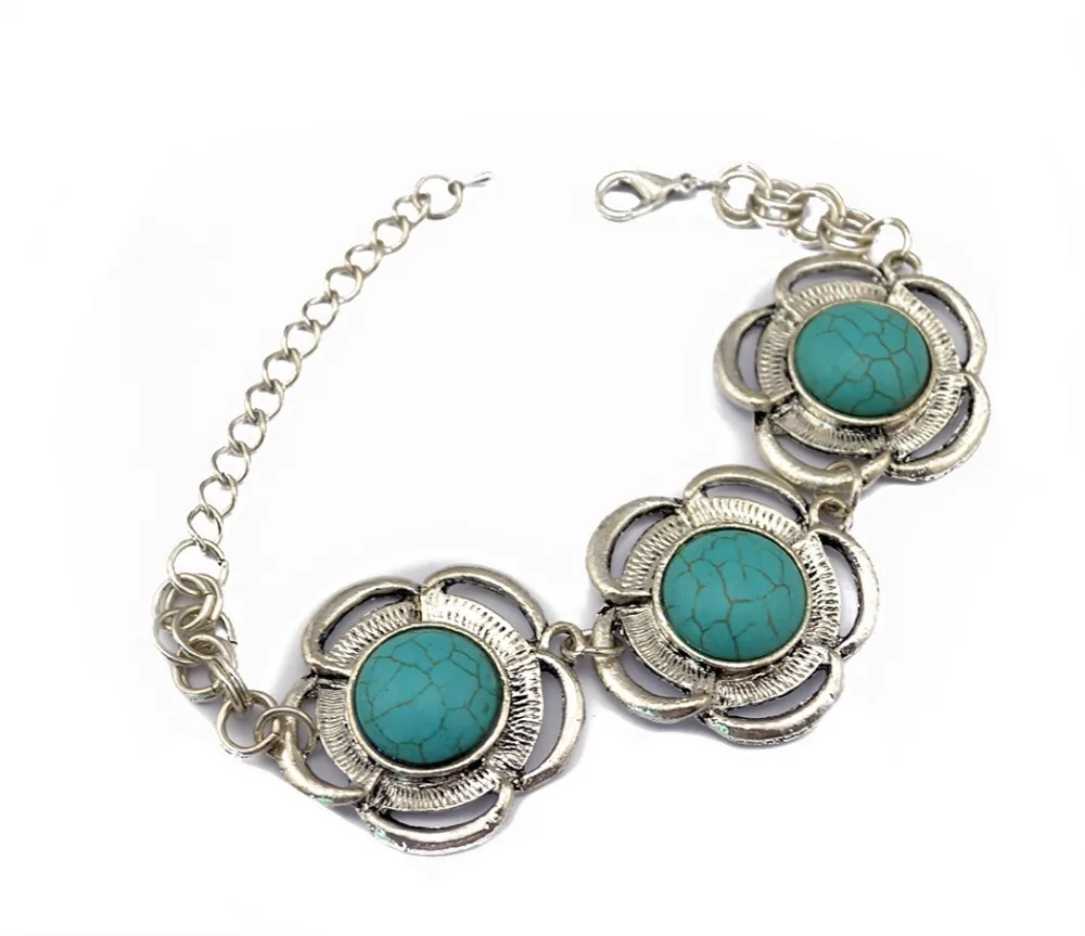 Vintage Charm Flower Turquoise Bracelet Bangles Bohemian Tibetan Silver Retro Tribal Women Girl Festival Gift Cheap Jewelry | Украшения и