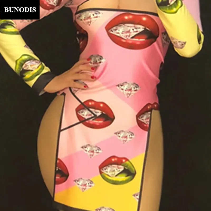 ZD331 Женская Сексуальная короткая юбка Cheongsam с 3D принтом губ и бриллиантами для