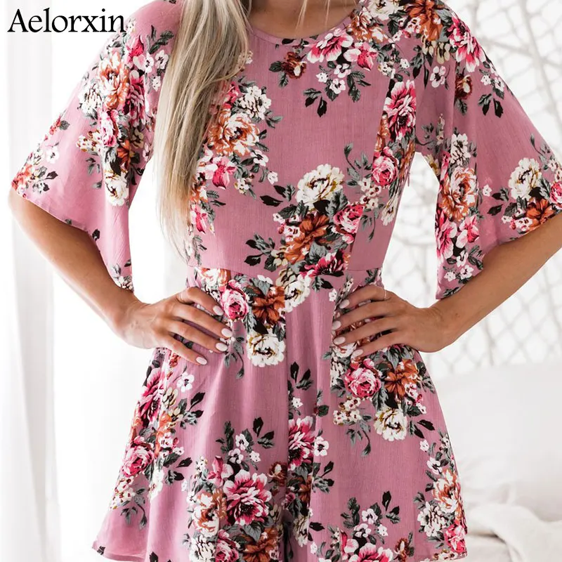 Boho Цветочный принт с оборками Комбинезоны женские элегантные летние розовые