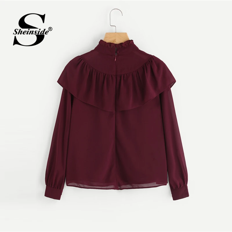 Sheinside однотонная бордовая рабочая одежда с воротником-стойкой, топы с длинным рукавом, Стандартная посадка, с рюшами, Офисная Женская Осенняя Элегантная блузка