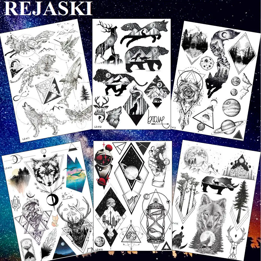 

Временные татуировки REJASKI с геометрическим астронавтом, волком, наклейка, песочные часы, Луна, бриллиант, черное искусство, индивидуальные т...
