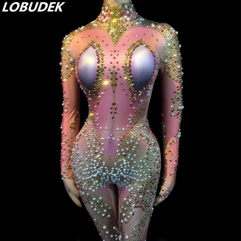 Colorful Rhinestones Pearls Jumpsuit Sexy Stretch Crystals Bodysuit Women Nightclub Clothes Party Celebration Show Stage Costume