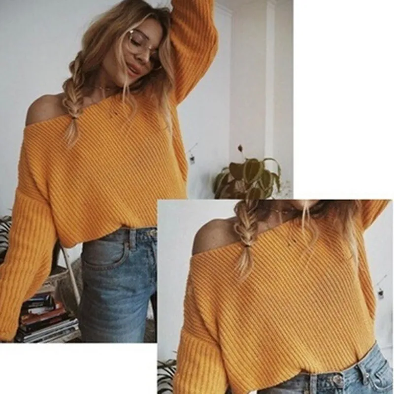 Danjeaner Sweater Women Plus Size Off Shoulder Slim Fit Knitting Pullovers Long Sleeve Casual Solid Knitwear Winter Coats Jumper | Женская