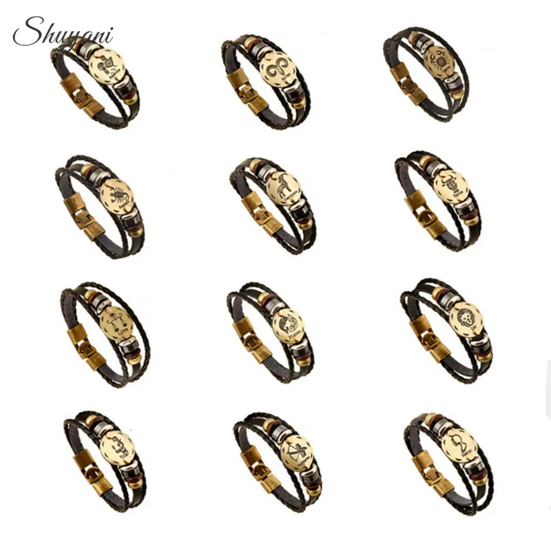 Ручной работы пряжки из цинкового сплава 12 знаков зодиака браслет Панк созвездие