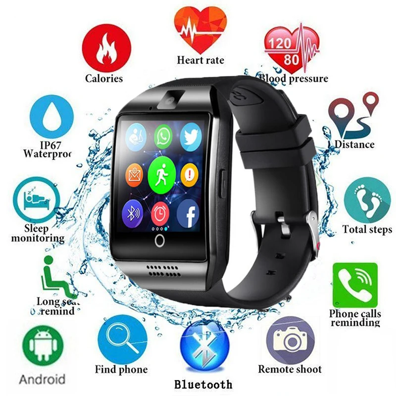 2019 Bluetooth Смарт часы для мужчин Q18 с камерой Facebook Whatsapp Twitter Синхронизация SMS Smartwatch