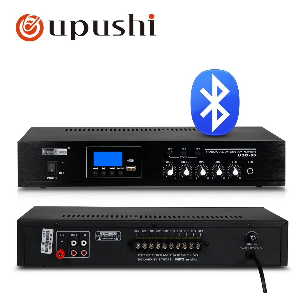 80w bluetooth audio amplifier 3 zone pa stereo amp oupushi 100V digital power amplifier board with USB MP3 speakers