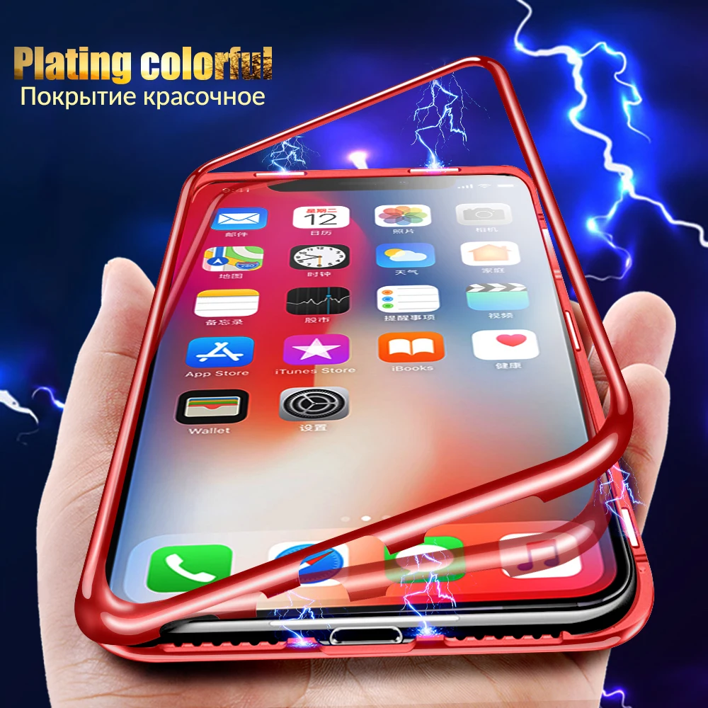 Магнитный чехол Magneto Magnetic Adsorption для iPhone X XS Max XR 7 8 Plus с закаленным стеклом 6S 6.