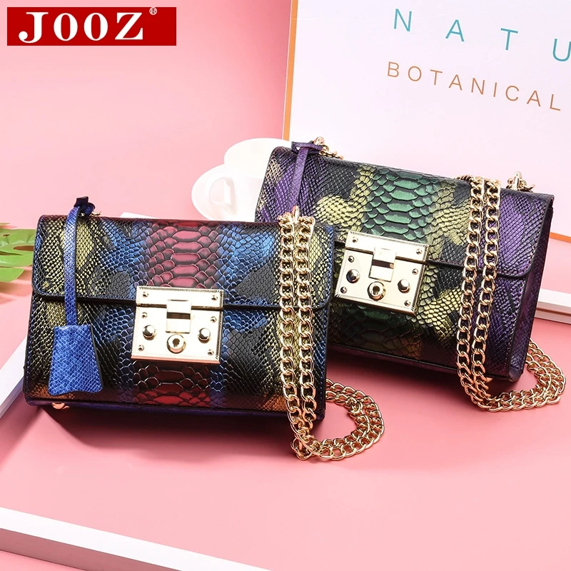 JOOZ, модная женская сумка на плечо, на цепочке, с клапаном, змеиная сумочка, вечерние, клатч, женская сумка-мессенджер с металлической пряжкой