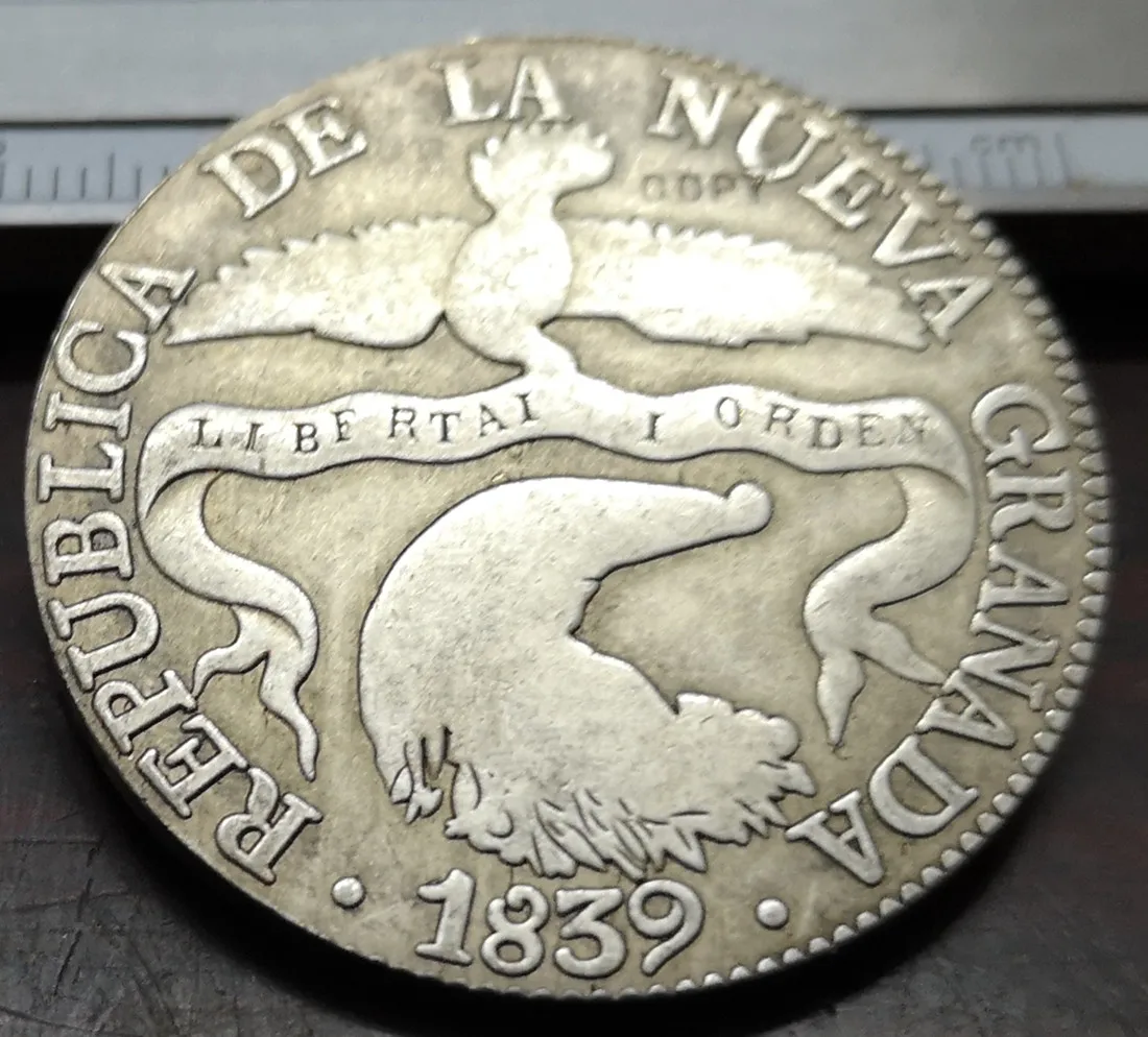 1839 Колумбия 8 реалов (кулебрилла Республика Нуэва Гранада) Посеребренная КОПИЯ