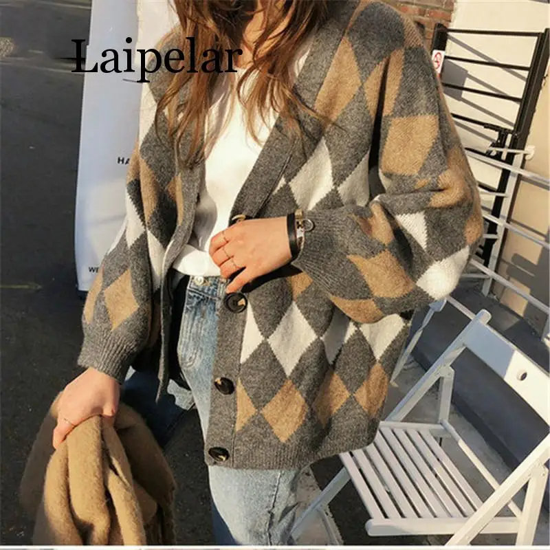

Laipelar Vintage Fashion Women Christmas Cardigans Plaid V-Neck Casual Women Sweaters Knitted Winter Clothes pull femme
