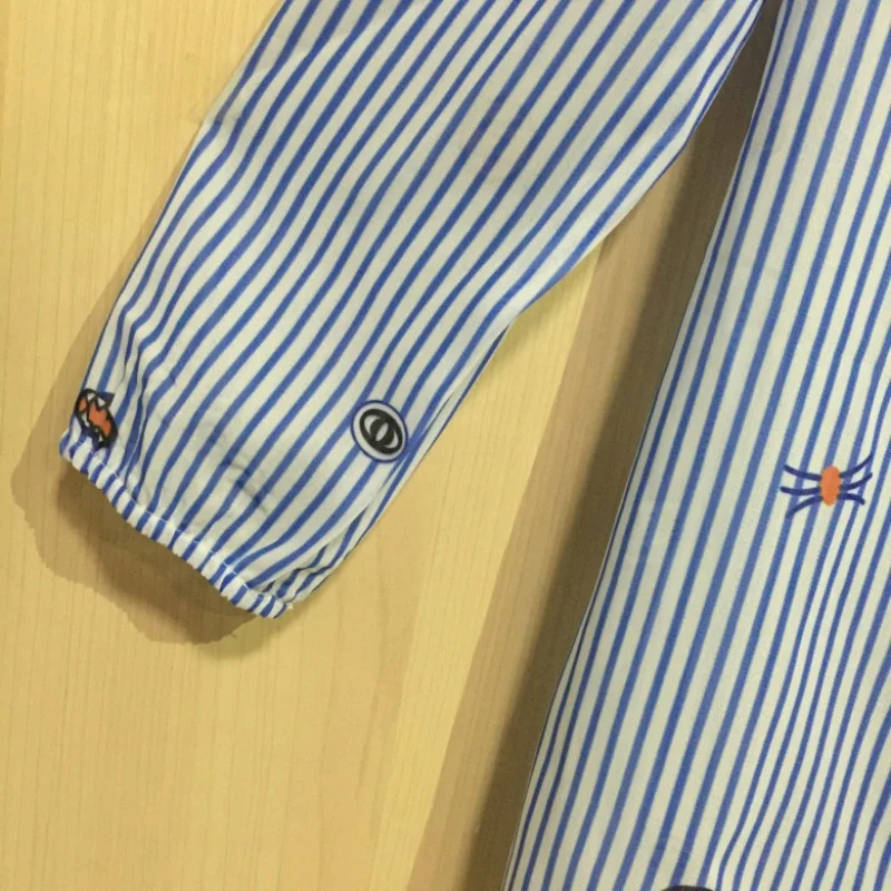 

Women Blouses Shirt Fashion Off Shoulder Korean Style Slash Neck Button Cardigan Carton Printing Blue Striped