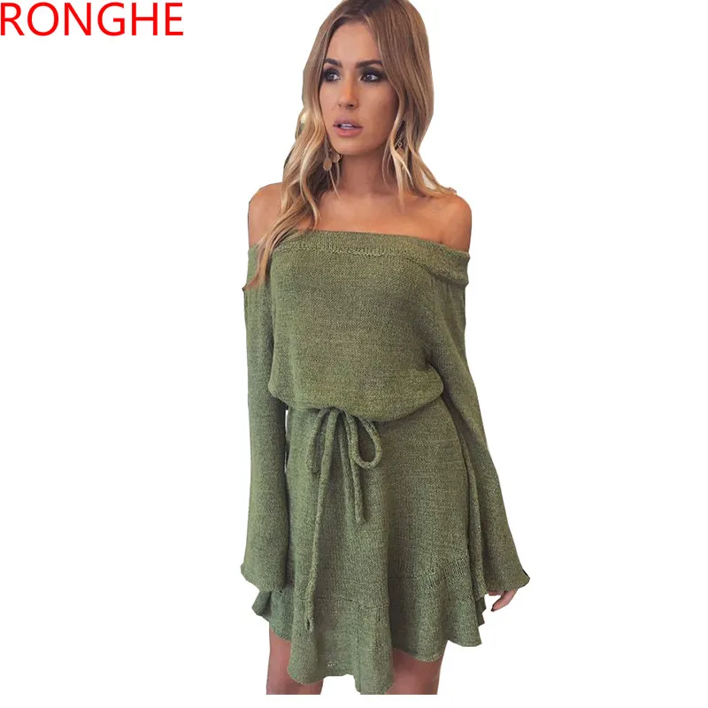 Ronghe 2017 сексуальный вязаный Платья для женщин Для полный с плеча Vestidos Пояса осень