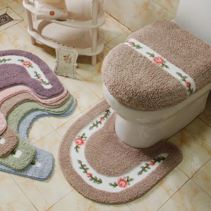 Pastoral Style Toilet Rug Flower Pattern Bathroom Mat Set U Shape Toilet Carpets Floor Decor Bath Mat Set Fiber Toilet Lid Cover