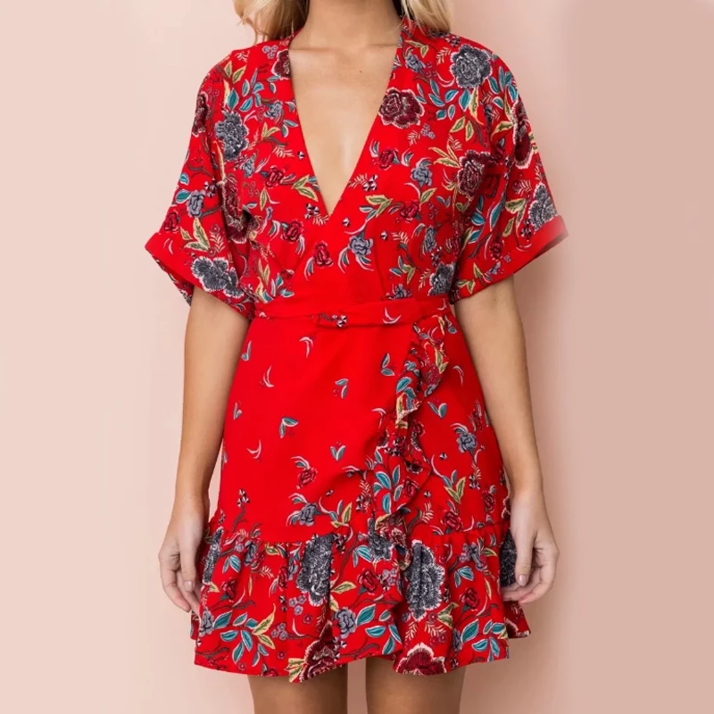 Women dress half sleeve floral red ruffle vestidos mini beach dresses korean fashion summer 2018 womens clothes | Женская одежда