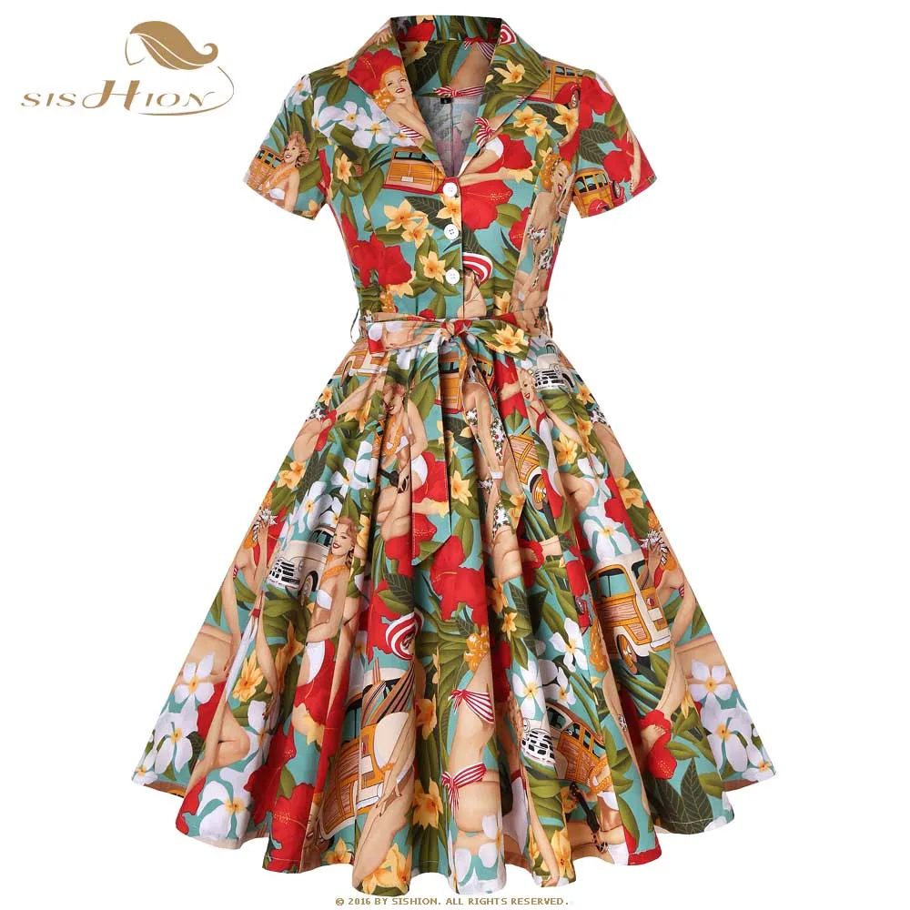 Cotton Women Retro Swing Dress Bow Pin up Vintage 60s 50s Rockabilly Car and Beauty Print A-line Dress SD0002