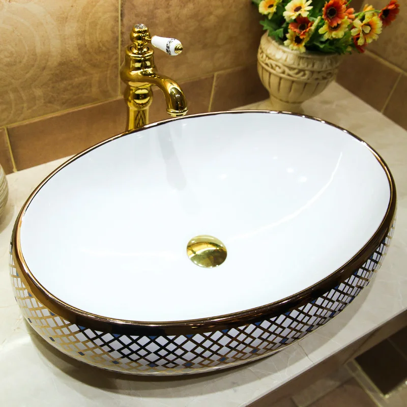 Керамическая художественная раковина для ванной Lavabo умывальник арт счетчик топ раковина для мытья рук раковины керамика золотой узор умывальник Овальный
