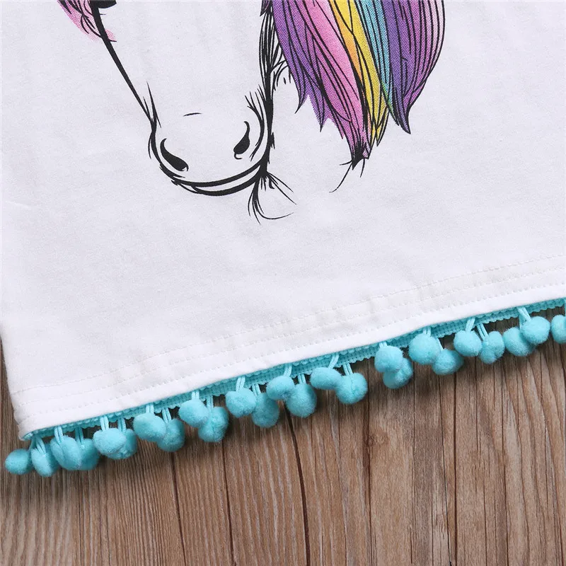 

New Cute Girls Summer Cotton Casual T-shirt Tops Sleeveless Colorful Unicorn Printed Tassel Clothes Wear For Children Girls