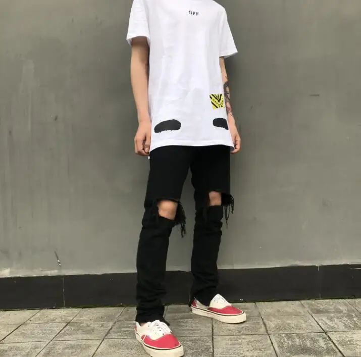 2019 Tide models Europe and America hole zipper jeans high street trend men's wild black Slim | Мужская одежда