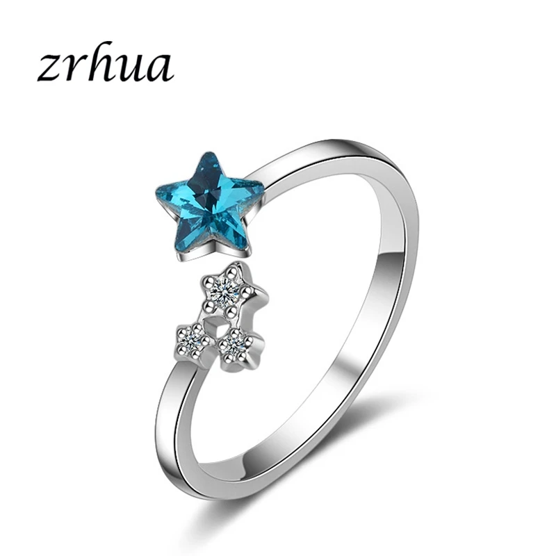 

ZRHUA 925 Sterling Silver Rings For Women Bridal Wedding Anel Shiny Star Jewellery Engagement Blue Zircon Stone Anillos Mujer