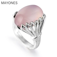 2019 high quality women jewelry gold big rings natural semi precious stones pink chalcedony crystal simple fashion lovers gift