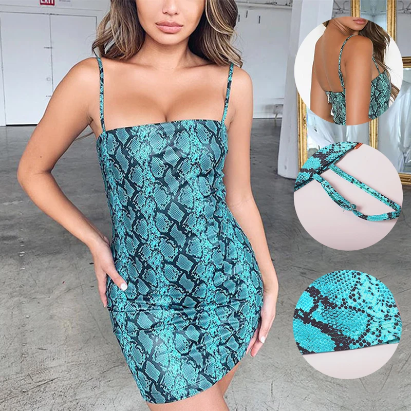 

Slim Sexy Package Hip Dresses Women Mid-Long Style Backless Snakeskin Pattern Hip Dress Ladies Sexy Skyblue Vestidos 2019 Summer