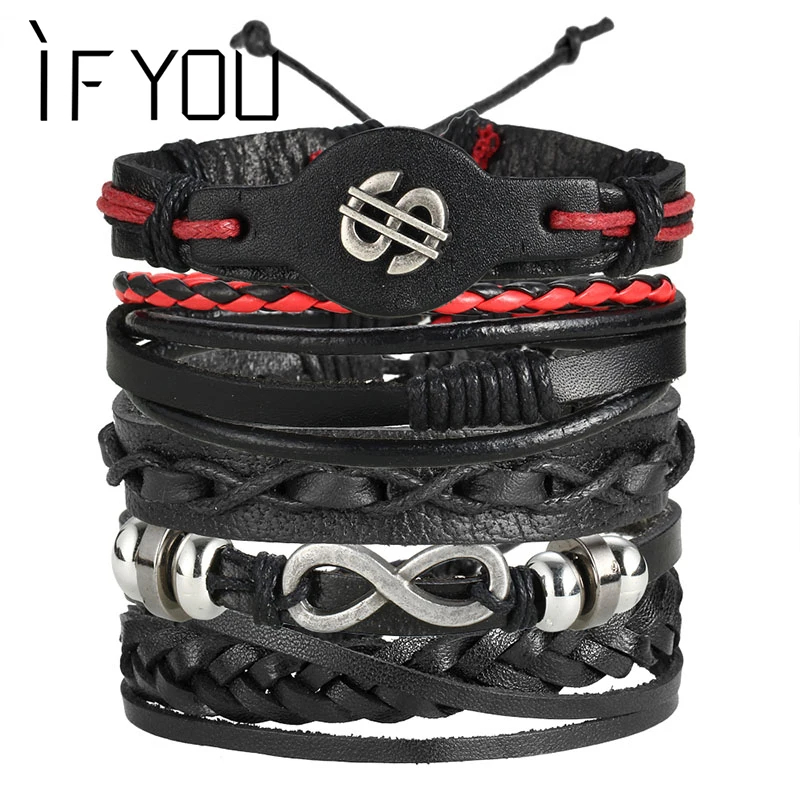 IF YOU Fashion многоуровневый черный кожаный браслет мужской бесконечный дизайн