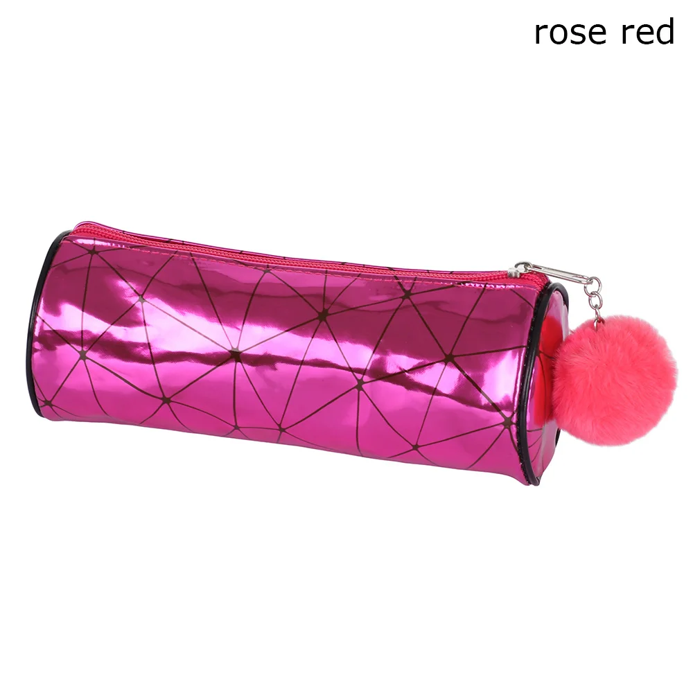 type1 rose red 2 стиля модный цилиндрический Голографический лазерный блестящий чехол-карандаш с плюшевым шариком, сумка для макияжа, школьные офисные принадлежности - Цвет: type1 rose red