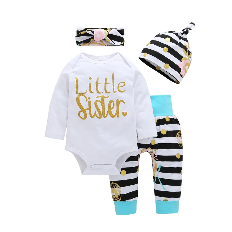 

4Pcs Newborn Baby Girl Fashion Striped and Letter Clothes Headband Hat Romper Long Pants Outfits Bebe Girls Clothing Suits