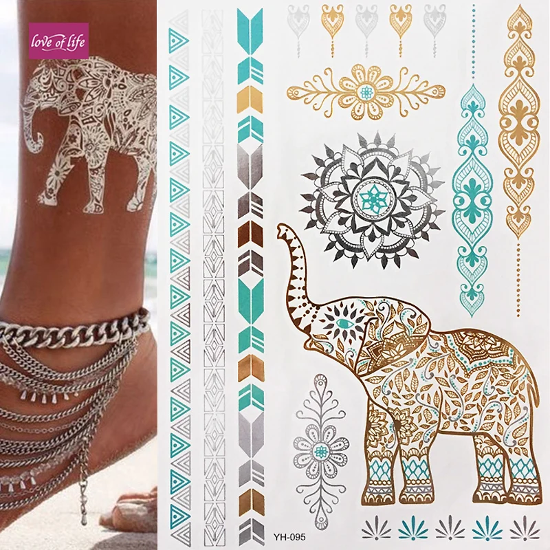 

Indian Elephant Trend Boho Style Mandala Temporary Tattoo, Sexy Body Tattoo Long Lasting And Non-toxic Metallic Tattoos