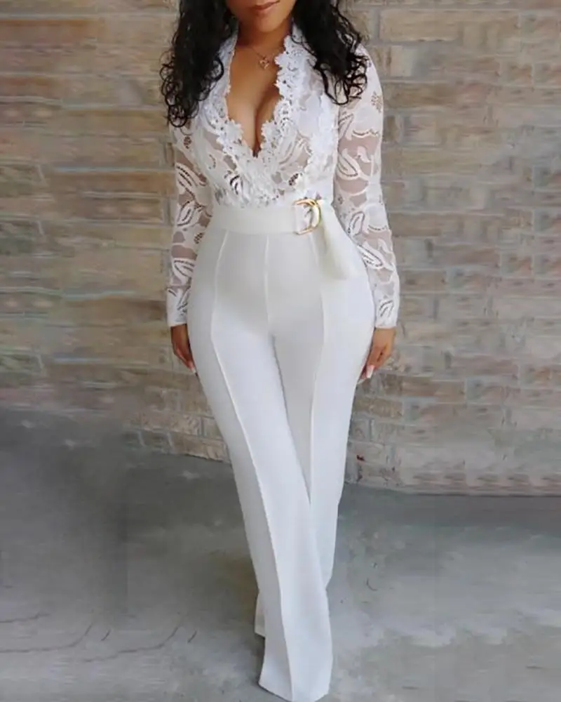 

Women Plunge V-neck White Lace Bodice Insert Bodycon Wide Leg Jumpsuit Solid Casual Elegant Office Wear Long Sleeve Jumpsuits