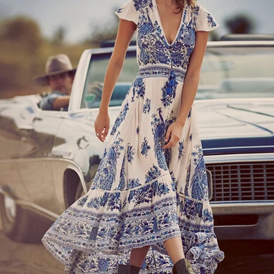 BEFORW Boho сексуальное летнее платье с v-образным вырезом Vestidos винтажное платье макси с принтом женское асимметричное пляжное Модное Длинное Платье - Цвет: Синий