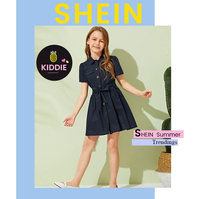 SHEIN Kiddie/платье-рубашка с одной пуговицей спереди и поясом для девочек; коллекция года; летнее короткое платье с короткими рукавами и двумя карманами для детей