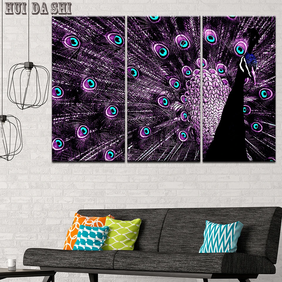 

New Chinese 3 panel Picture Animal Purple Peacock Canvas Painting Art Print Poster Picture Wall Paintings Home Wall Decoration