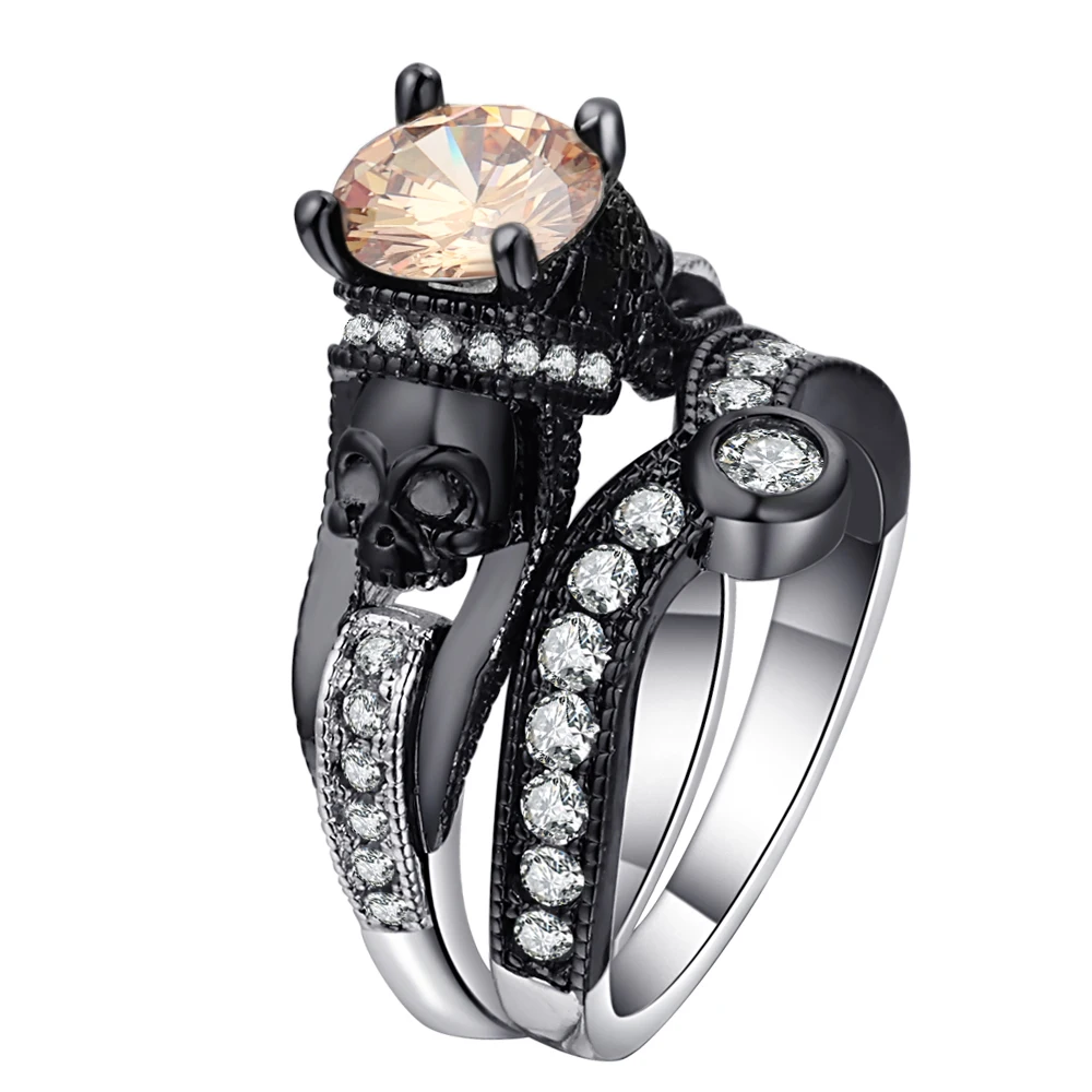 Комплект женских колец серебристого цвета с черным черепом 2 шт.|fashion ring set|ring setset