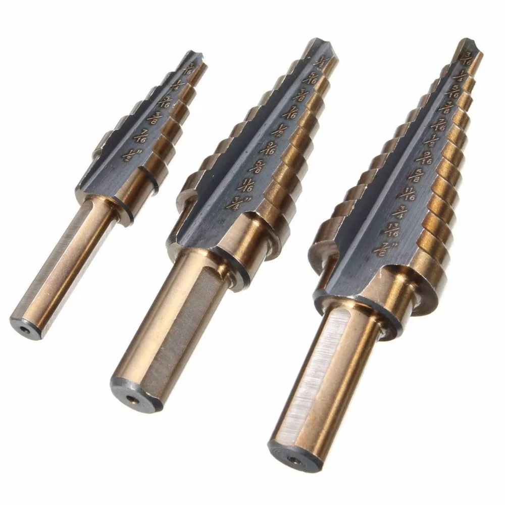 

3 PCS Moly-M7 HSS Step Cone Titanium Drill Bit Tool Hole Cutter Kits ,3/16-1/2,1/4-3/4,3/16-7/8