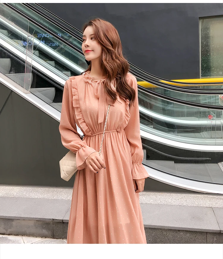 

Elegant Dot Print Flare Sleeve Women Long Dresses Spring 2019 Ruffle Patchwork Lace-up Chiffon Dress Party Ladies Black Dress