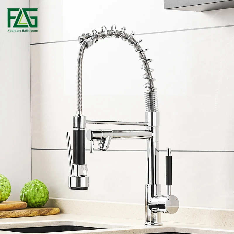 

FLG Kitchen Faucet Chrome Silver Brass Pull Out Spring Kitchen Sink Faucet Swivel Spout Tall Vessel Mixer Tap Torneira Cozinha