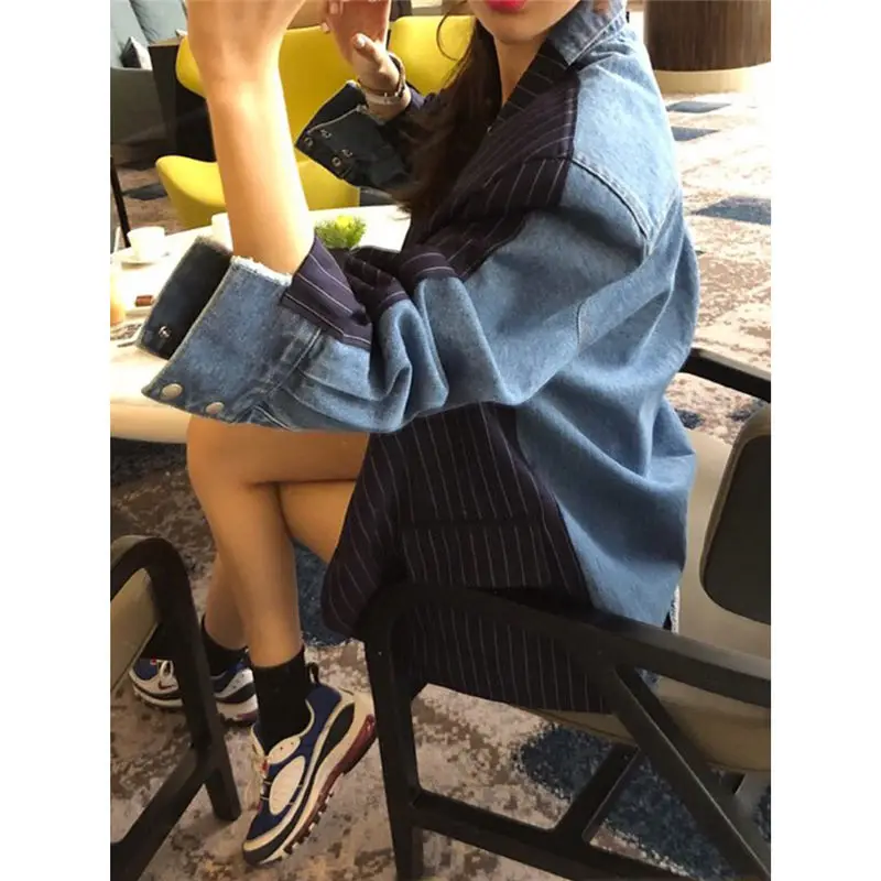 

Korean New Plus Size Autumn Jacket For Women Casual Blazer Femme Coat Denim Patchwork Striped Asymmetry Loose Outerwear f1286