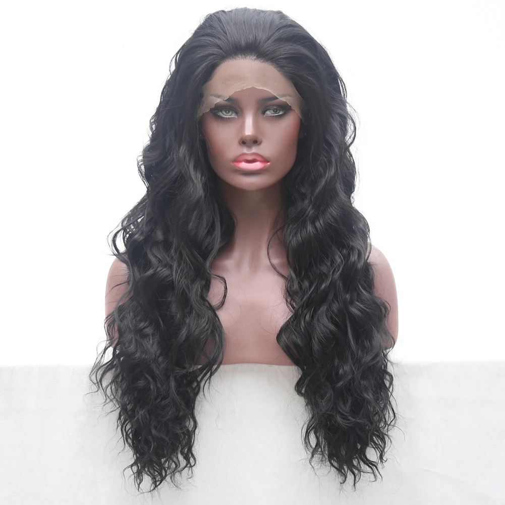 RONGDUOYI 150% Density Long Black Heat Resistant Synthetic Lace Front Wig With Baby Hair 24Inch Natural Wavy Wigs For Women | Шиньоны и