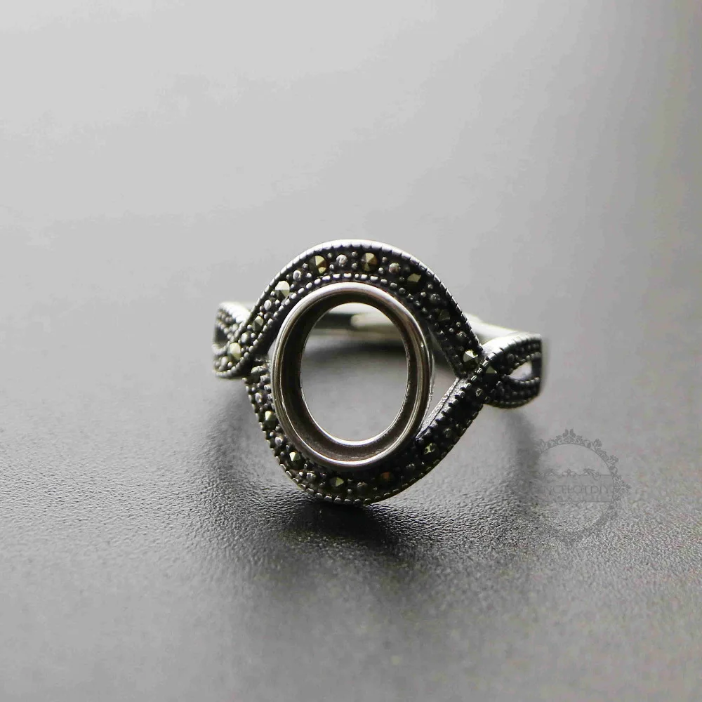

8x10mm antiqued silver vintage style oval bezel DIY sterling silver adjustable ring settings tray 1224002